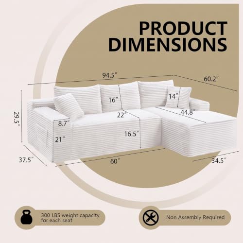 Image of 94.5 inch L Shaped Boneless Sectional Corduroy Couches for Living Room (White)