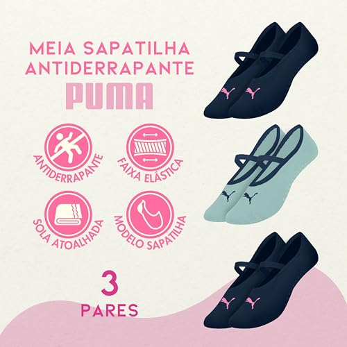 PUMA Kit 3 Pares Meia Sapatilha Antiderrapante Pilates Feminino Adulto, 2 Marinho - 1 Verde Chá, 34-