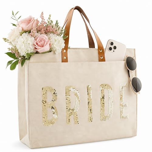 Mud Pie Bride Bag, Gold Sequin Canvas Tote for Bride To Be Gifts