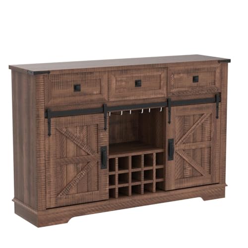 Okd BDC54SB-RBW Farmhouse Wine Bar Cabinet W/Sliding Barn Door, 54 Inch Kitchen Coffee Bar Cabinet W/Wine & Glass Rack, Storage Shelves, 3 Drawers, Rustic Large Buffet Sideboard For Dining Room, Reclaimed Barnwood thumb #4