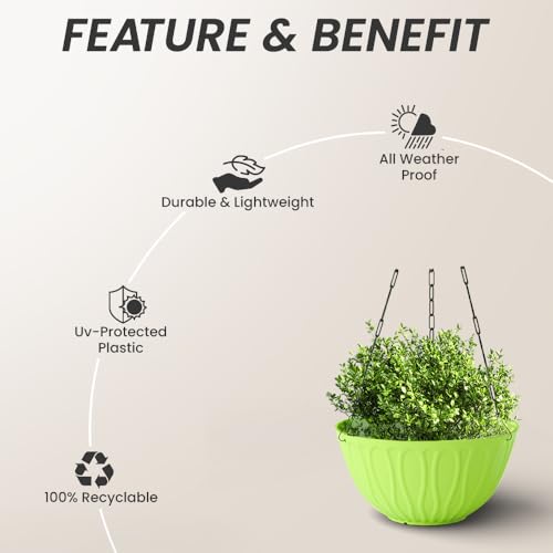 Image of YUCCABE ITALIA SHERA Hanging Wave 8 Inch Plastic Flower Pot for Plant Pack of 12 Pcs Round Shape Hanging Pot for Balcony Railing Planters for Indoor and Outdoor Garden (Green)
