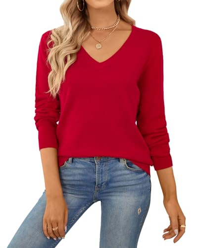 QUALFORT Women's 100% Cotton Sweater V Neck Long Sleeve Knitted Jumper Tops Red Medium