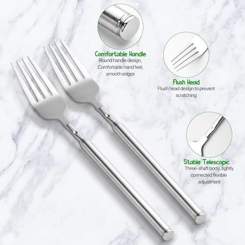 【3 PCS】Extendable Fork for Jokes, Expandable Forks, Extended/Extending/Extend, Extension from 8.7" to 25.4" Long, Stainless Steel Telescopic/Telescoping/Retractable Dinner Fork. Silver