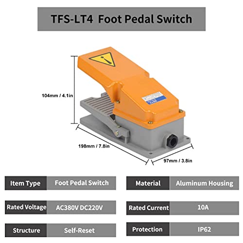 Foot Pedal Switch,AC380V DC220V 10A Foot Switch,Momentary Self-Reset Foot Pedal Switch,1 Open and 1 Closed Contact,Aluminum Case,Silver Stopper,for Machine Tool Equipment