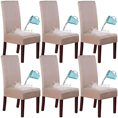 Stuhlhussen 6er Set, Wildleder Wasserdichte Stuhlbezug Stretch Abnehmbare Waschbar Stuhlüberzüg Für Hotel Speisetisch Hochzeit-Khaki-6 Stück Cover