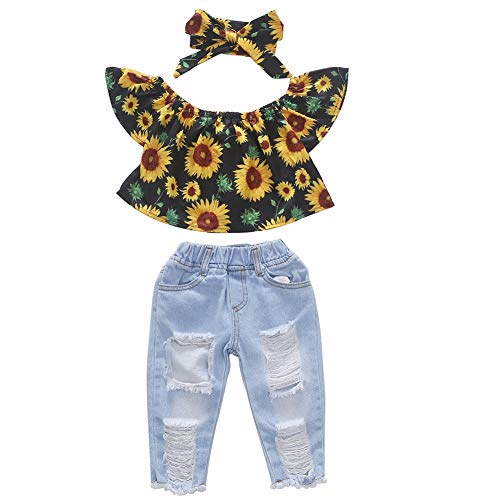 BAOBAOLAI Roupas para bebês meninas Girassol com babados Blusas de manga com calças jeans 3 peças Ro