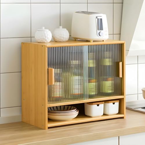 Natural Bamboo Sideboard Credenza with Glass Doors - Japanese-Style Kitchen Storage Cabinet, 26" L x 11" W x 13" H, Perfect for Coffee & Tea Set Display, Includes Natural Shelves