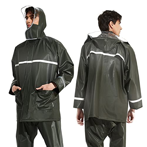 Image of AllExtreme Reusable Two-Piece Raincoat With Transparent Face Shield Detachable Hood Two Pockets Carry Pouch Waterproof Buttoned Rain Jacket
