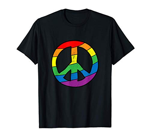 Hippie Peace Sign Rainbow Design Boho Gay Pride Distressed Maglietta