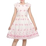 Sunny Fashion Girls White Dress Pink Floral Butterfly Embroidery Flutter Sleeves Scalloped Hem Girl Wedding Party Dress Size 8