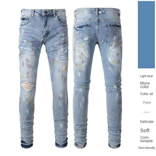Jeans Pants Trousers Denim Men Spray Paint Graffiti Elastic Slim Fit Personalized Piercing Patch Worn Hole Trendy Street Blue Casual Small Foot(Light Blue,29)3