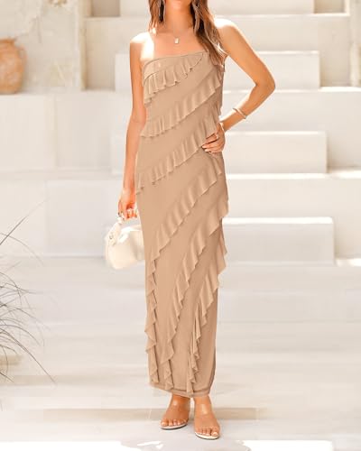 BTFBM Women Summer Elegant Strapless Midi Ruched Bodycon Dress Solid Color Stretch Mesh Slim Party Cocktail Dresses