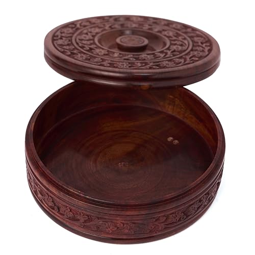 GURU JEE Handmade Wooden Round Chapati Container Roti Box Serving Casseroles Handcarved Chapati Box with Lid