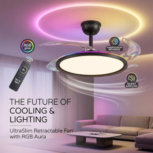 Image of oltao Zyro UltraSlim Retractable Ceiling Fan with RGB Ceiling Glow & 3-Color LED Panel Light, Summer /Winter Mode, Remote Control, 42 Inch Sweep (2026 Model) (Black Aura Glow, 42 inches)