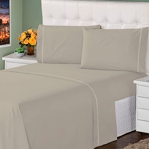 Jogo Lençol 400 Fios Queen Casal Ponto Palito 4Pcs Casa Dona (Queen, Bege)