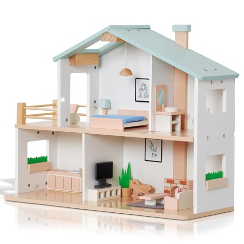jewelkeeper 2 storey dollhouse wooden - kids pretend play dream house - wooden dollhouse for girls - large wood doll houses playset gift for girl ages 3 and up -157x196 inch