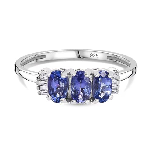 Tanzanite & White Diamond Three-Stone Ring in Rhodium-Plated Sterling Silver – Elegant Oval-Cut Gemstone Ring - December Birthstone - Size O