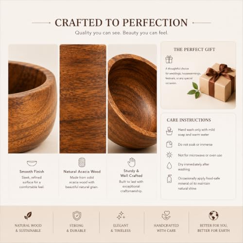 Image of BAUZINI Acacia Wood Bowl Natural Wooden Serving Bowls for Snacks, Dry Fruits, Salad, Fruits & Desserts Handcrafted Food Safe Wooden Bowls Premium Kitchen & Dining Bowl Set (pck of 6)