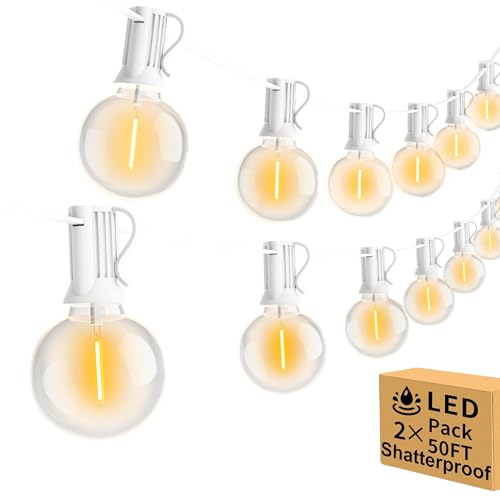 100ft 2 Pack Outdoor String LightsDimmable G40 LED String Lights with 52 Shatterproof Clear Bulbs UL Approval Waterproof Globe 1W 2700K Outdoor Lighting for Backyard Porch Cafe Party Wedding Garden