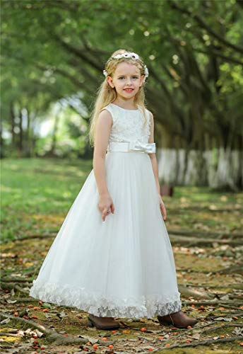 Bow Dream 3D Flower Girl's Dress Tulle Full Length Wedding Junior Bridesmaid Evening Formal Gown4