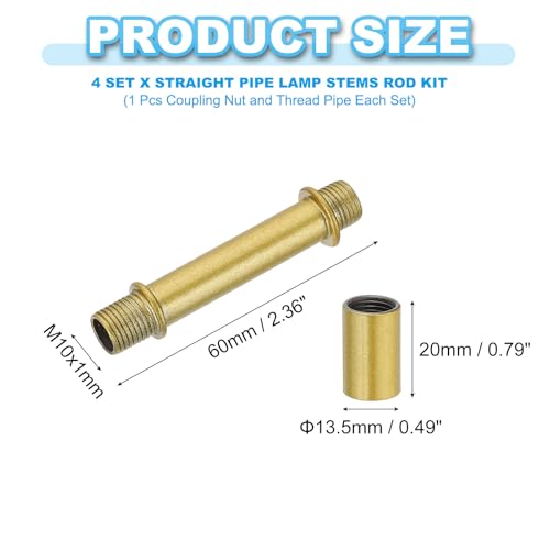 Image of PATIKIL Straight Pipe Lamp Stems Rod Kit, 4 Set M10 Carbon Steel 60mm(2.36 inch) Long Double End Thread Rod with Coupling Nuts Sleeve Connector for Table Lamps Chandeliers, Gold Tone