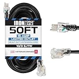 Iron Forge Cable 50 ft Lighted Outdoor Extension Cord - 10/3 SJTW Heavy Duty Black Extension Cable with 3 Prong 15 AMP Grounded Plug for Safety