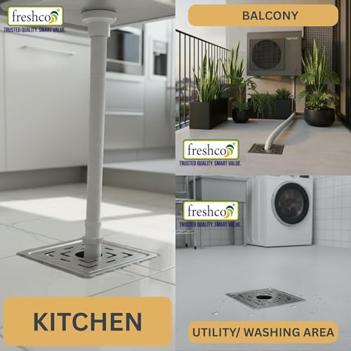Image of Freshco 5x5 SS 304 Floor Drain Jali - Maze Design (with Hole) - for Washing Machine Pipe - Heavy Duty 1.5mm - Frame & Grating Only(No Trap)