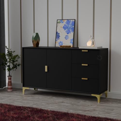 Image of Wooden Sideboard Cabinet for Living Room & Bedroom | Wooden Storage Cabinet with 2 Doors & 3 Drawers Storage | Large Storage Organizer /Cupboard | HDMR Premium Wood | Gold Metal Legs (Black)