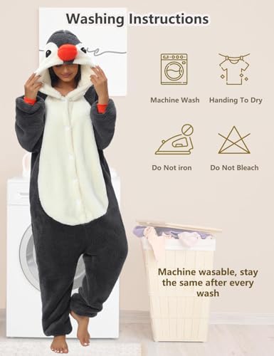 Einteiliger Schlafanzug Damen Lang Winter Einteiler Tierkostüm Erwachsene Kostüm Jumpsuit Damen Kuschelig Pyjama Fleece Onesie Kleidung Mit Kapuze und Reißverschluss (Grauer Pinguin-7131, M)