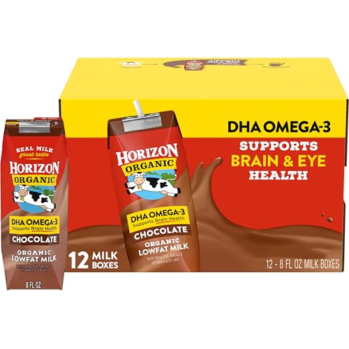 Horizon Organic Shelf Stable 1% Lowfat DHA Omega-3 Chocolate Milk Boxes, 8 fl oz, 12 Count - 8g Protein per Serving, USDA Organic UHT from Pasture-Raised Cows, Ready to Drink for Lunchbox, Travel, or On-the-Go, No Refrigeration Needed