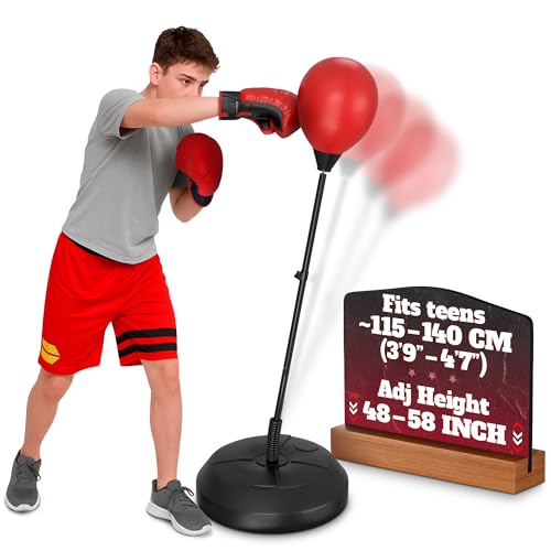 Adjustable Youth Punching Bag with Stand for Teens Ages 8–15 – 58' Reflex Boxing Training Set with Gloves & Pump, Standing Boxing Equipment for Beginner Training, Sports Gift for Home Fitness Training