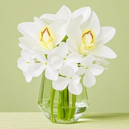 Laelfe Flores Artificiales con Jarrón Arreglo de Flores Blancas Falsas en Jarrón de Cristal con Agua Falsa para Centros Decorativos de Mesa de Oficina de Baño en Casa (Magnolia)