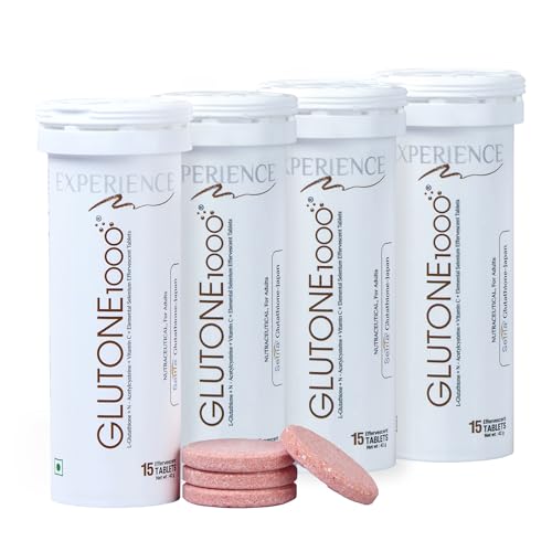 Image of Glutone 1000 Setria L-Glutathione Tablets for Radiant & Clear Skin | 600mg Premium L-Glutathione & Vitamin C | Skin glow Brightening Supplement | 15 Effervescent Tablets | Orange Flavor (Pack of 4)