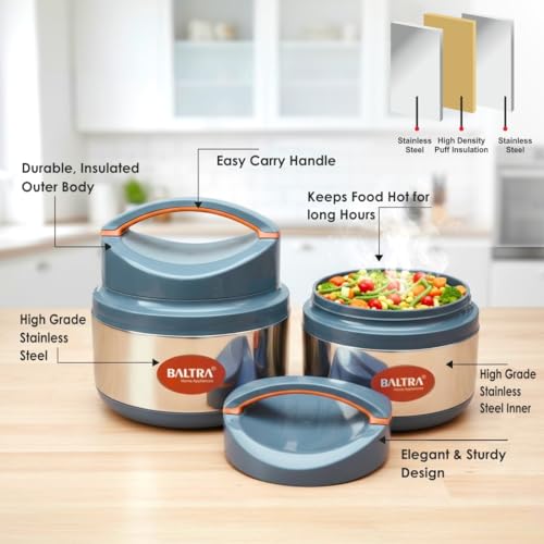 Image of BALTRA Inner Stainless Steel Thermoware Casserole Set with Lid for Roti /Chapati (1500ml, 2000ML) | Insulated Hot Pot for Hot Meal /Chapati /Curry Set /Biryani | Serving Bowl with Lid (OPERA SET OF 2)