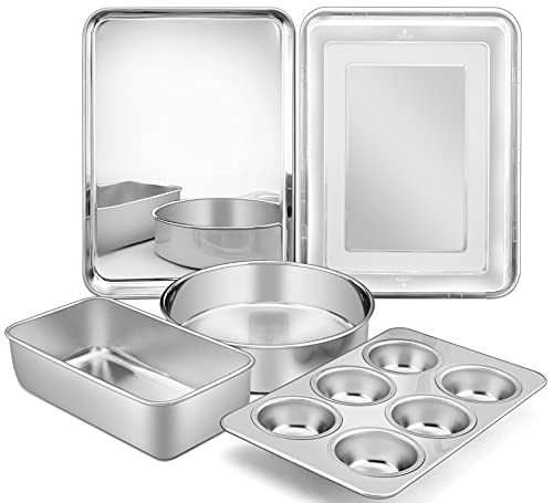 6-Piece Bakeware Kitchen Set, P&P CHEF Stainless Steel Bakeware Pans Sets, Including Baking Pan/Round Cake Pan/Muffin Pan/Loaf Pan/Deep Lasagna Pan & Lid, Non-toxic & Durable, Dishwasher Safe