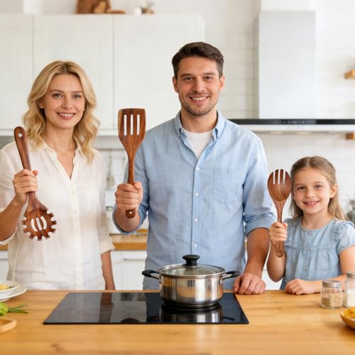 Miniatura 7 de Uberming 8 Piezas Juego De Utensilios De Cocina De Madera De Acacia Con Espátula Cucharón Cubiertos Para Ensalada Cucharón Para Pasta Cuchara Para Arroz Y 8 Ganchos En S, Resistente Y Antiadherentes
