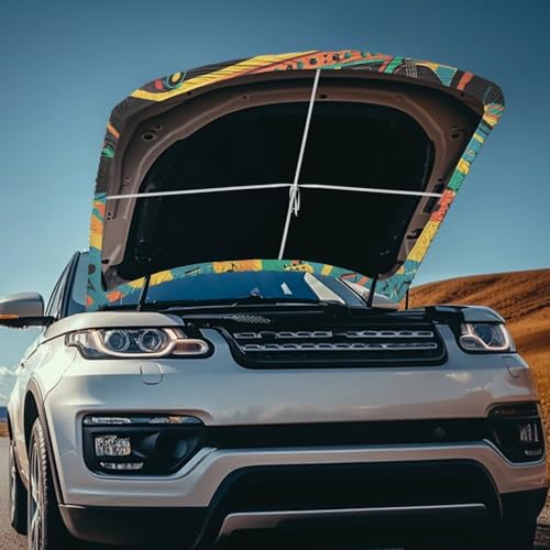 Image of Jamaican Flag Car Hood Cover Elastic Music Lover Jamaican Flag Automotive Exterior Accessories Guitar Vinyl Musical Note Pattern Sedans Hood Protection Suitable for Most Car