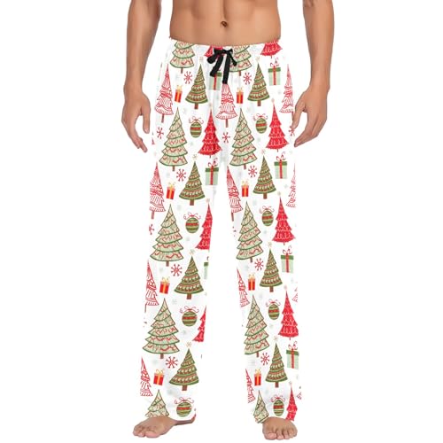 Men's Cotton Pajama Pants Sleep Pants with Pockets Comfy Pajama Bottoms, Vintage Christmas Trees White2