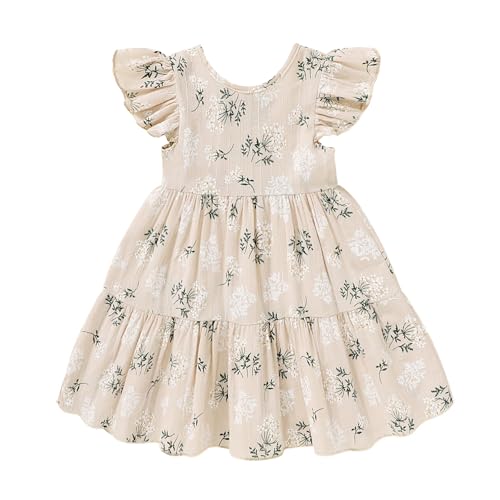 Toddler Baby Girl Boho Dress Linen Ruffle Sleeveless Casual Dress Kids Solid Floral Summer Beach Sundress(Khaki Floral, 4-5T)