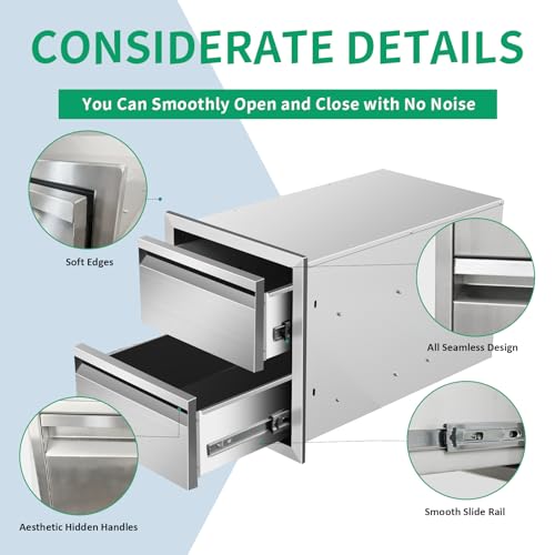 Image of Outdoor Kitchen Drawers 14 inch W x 15 inch H x 23 inch D Stainless Steel Double Drawers with Hidden Handle for BBQ Island, Patio Grill Station & Outdoor Kitchen Cabinets
