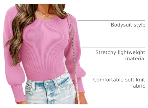 Image of MASCOMODA Womens Puff Long Sleeve Ribbed Sweater Bodysuits | Fall Winter Outfits 2026, Crewneck Knitted Bodysuit Dressy Casual, Cute Slim Fit Pullover Tops, Work, Date, Dress Up & Down