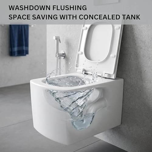 Image of Parryware HELIX Ceramic Wall Hung Western Commode for Bathroom | Rimless Washdown Flush Commode with UF Soft Closing Toilet Seat | Square Wall Mount Ewc | Space Saving | C8895