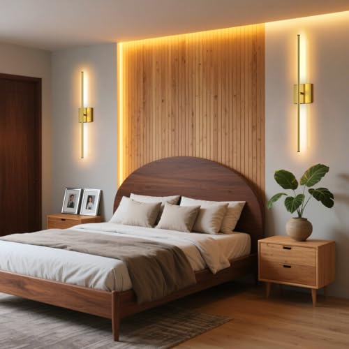 Image of Hardwired Wall Sconces, Modern Wired Wall Sconce, Gold Wall Sconces Set of 2, 350 Rotatable Dimmable Sconces Wall Decor for Bathroom, Living Room, 28 Inch (2 Pack)