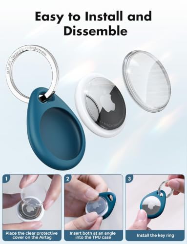 Image of UNBREAKcable Holder for Apple AirTag - 4 Pack [Fit Tightly Design] [Easy to Install] [Hold Air Tag Securely] Waterproof TPU Protective Case with 304 Stainless Steel Keychain Key Ring, Black+Blue