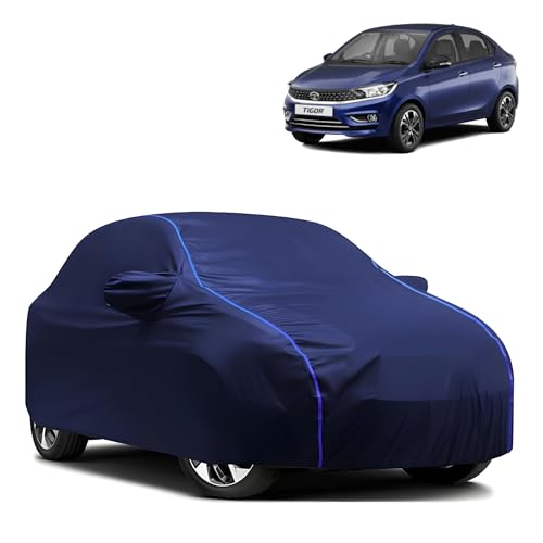 Image of Kerwa Car Body Cover Waterproof Compatible with TATA Tigor | Scratch Proof, Anti-Dust, UV Protection | Windproof Buckle Strap | Fitted Bottom Elastic | Side Mirror Pockets-Blue