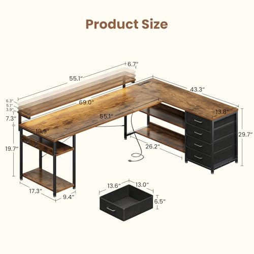 Image of AODK 69 Inch L Shaped Computer Desk with 4 Drawers, LED Lights, Vintage