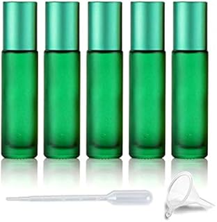 5 Pack 10ml Colorful Frosted Glass Roll On Bottles,Empty Essential Oil Glass Roller Bottle With Stainless Steel Roller Balls Travel Roll-On Vial with Aluminum Lids-Funnel&Pipette Include (Green)