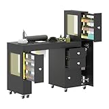 Manicure Table for Nail Tech w/ LED Light Display Cabinet, Nail Desk with Lockable Wheels, Dust Collector, Drawers, Wrist Rest, Acetone-Resistant, for Beauty Salon, Spa & Home Workstation (Black)