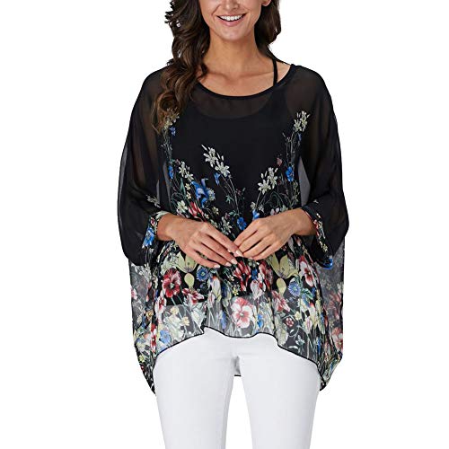 Image of Ckikiou Plus Size Batwing Flowy Semi Sheer Chiffon Blouse Tunic for Women Summer Floral Print Boho Beach Cover ups
