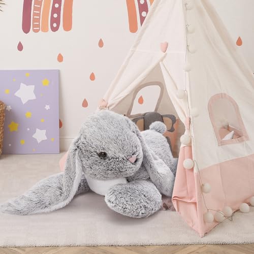 MorisMos 80cm lang riesen Hase Kuscheltier XXL, groß grau Hase Stofftier Plüschtier, weich Kaninchen Plüschhase Puppe, Geburtstag Weihnachten Geschenk Kinder Baby